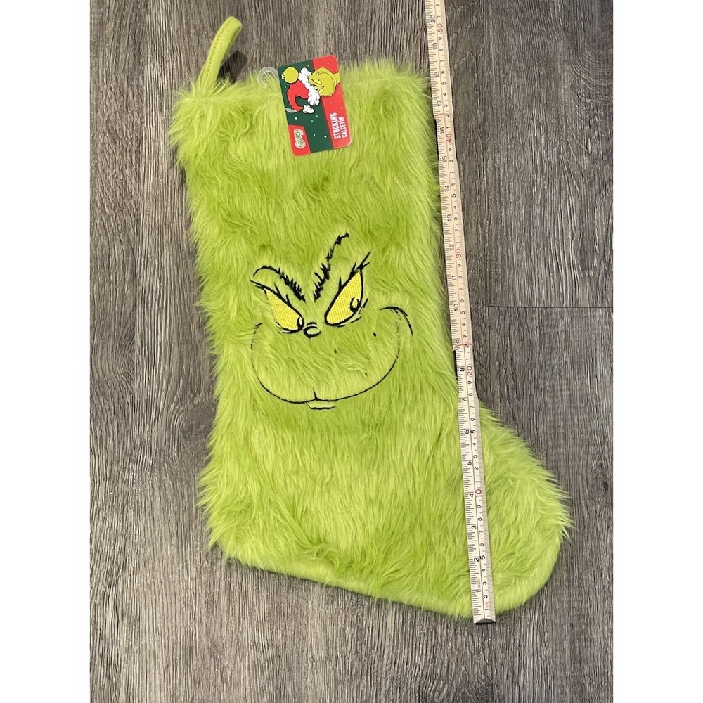 Dr. Seuss' How The Grinch Stole Christmas Furry Green Grinch‎ Face Stocking NEW